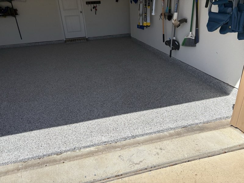 Coyote flake epoxy garage floor with flake cove base, Wylie TX